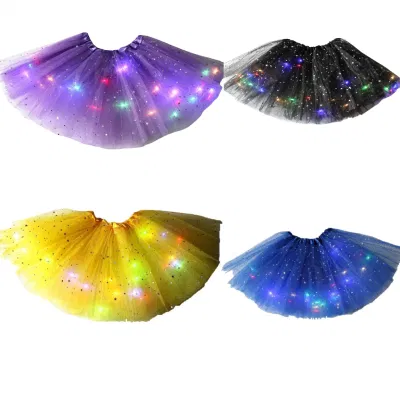 Abckids Children′ S Sequin Pommel Skirt Tutu Skirt Luminous Half Mesh Gauze LED Dancing Stars Girl Skirt