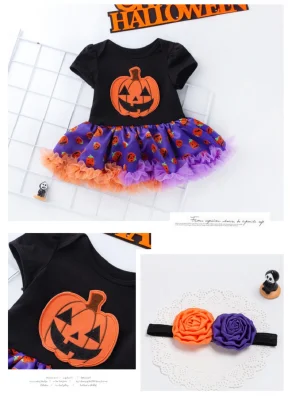 Baby Girls Halloween Pumpkin Bodysuits Tutu Lace Skirt with Headband Esg16387